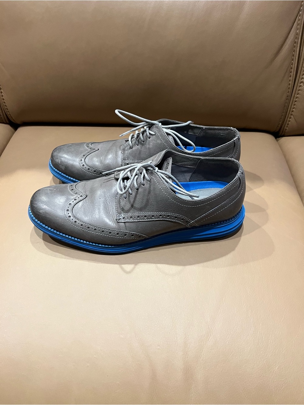 Cole Haan Gray Leather Wingtip Oxfords with Blue Sole